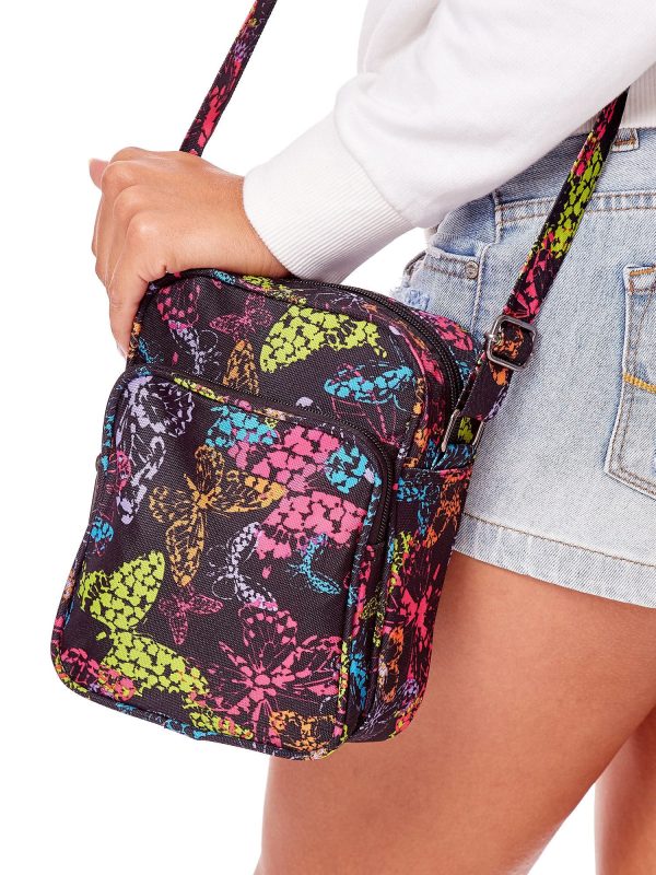 Wholesale Black Fabric Messenger Bag With Colorful Butterflies