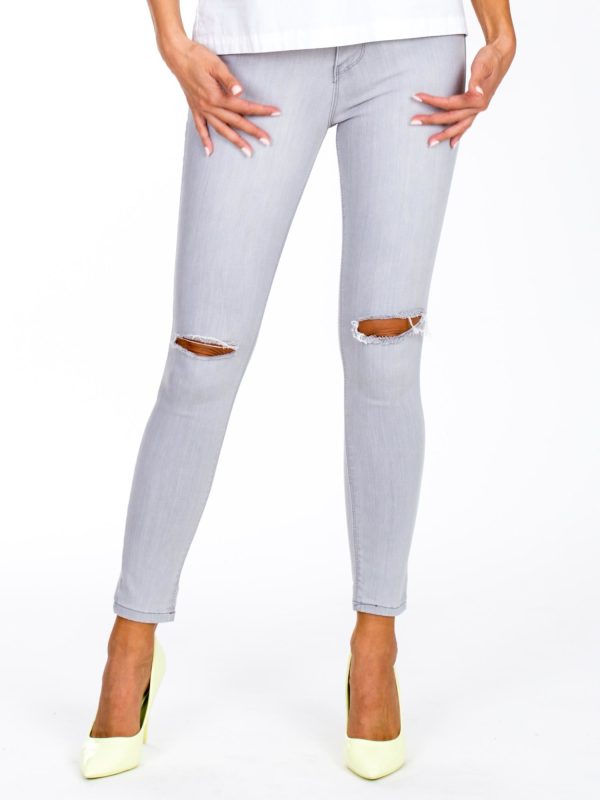 Wholesale Grey high waist jeans with holes on the knees