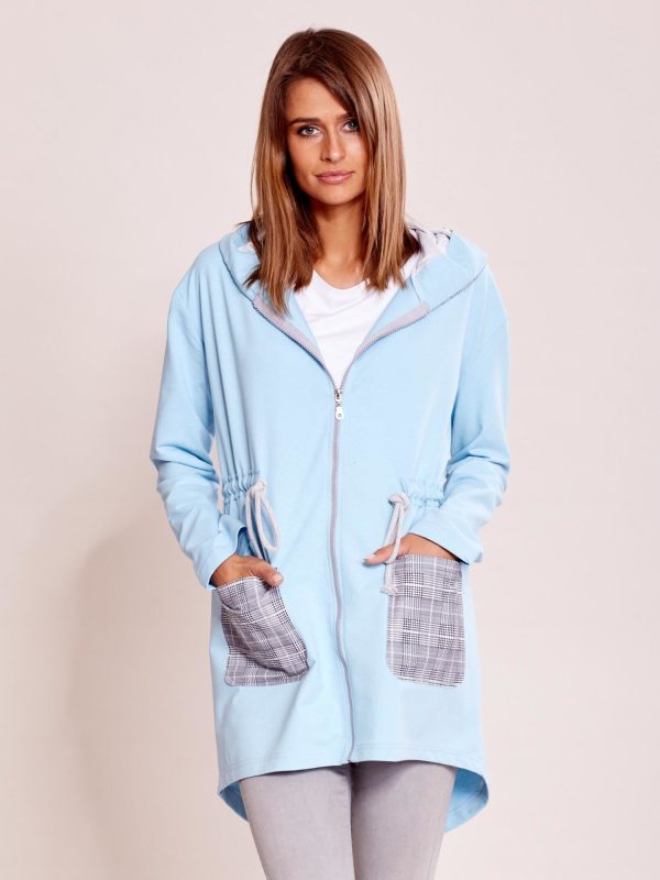 Wholesale Blue cardigans with hood and ribbing waist