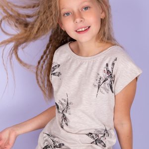 Wholesale Beige girl tunic with dragonfly print and diamonds