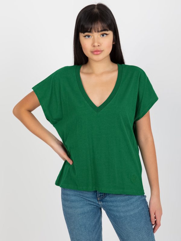 Wholesale Green Women's Solid Color T-Shirt with V Neck MAYFLIES