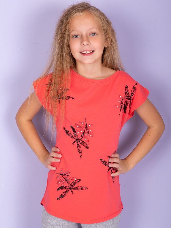 Wholesale Coral girl tunic with dragonflies print and diamonds