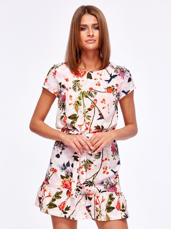 Wholesale Pink floral dress with belt