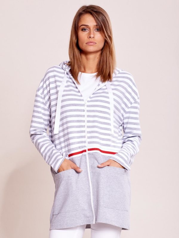 Wholesale White and grey cardigans with hooded stripes