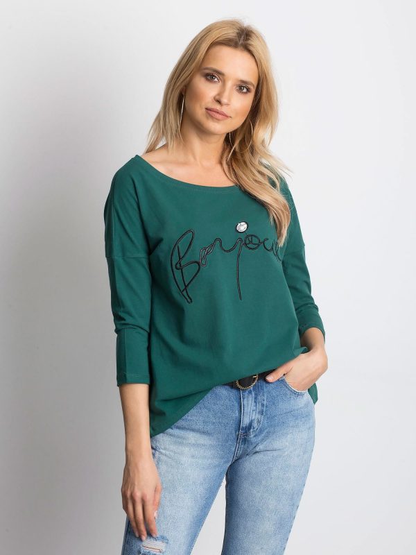 Wholesale Dark green blouse with embroidered lettering