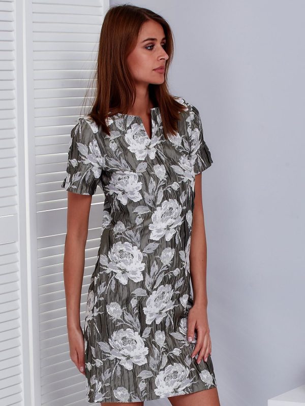 Wholesale Khaki dress with ruffled floral fabric