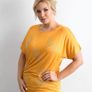 Wholesale Mustard plus size t-shirt with rhinestones