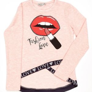 Wholesale Pink asymmetrical girl blouse with lip print