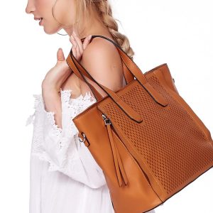 Wholesale Light brown shopper bag with openwork and detachable strap