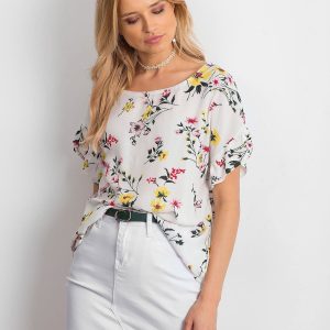 Wholesale White floral blouse with flounces on the sleeves