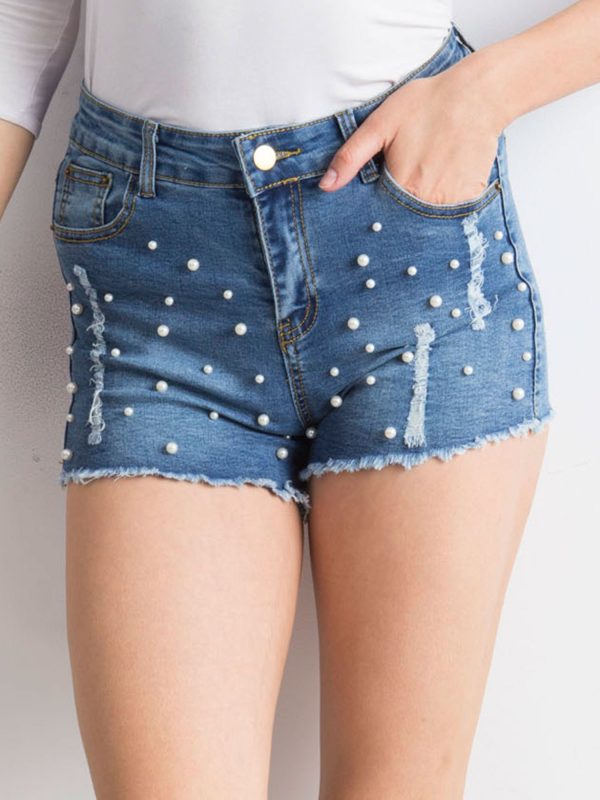 Wholesale Blue denim shorts with pearls and rips