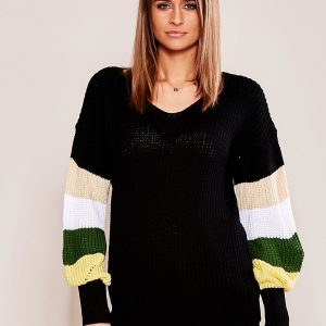 Wholesale Black sweater with striped sleeves