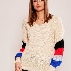 Wholesale Beige sweater with striped sleeves