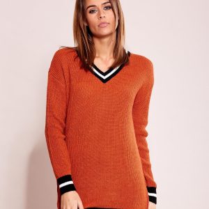 Wholesale Dark Orange Loose V-neck Sweater with Contrast Rib