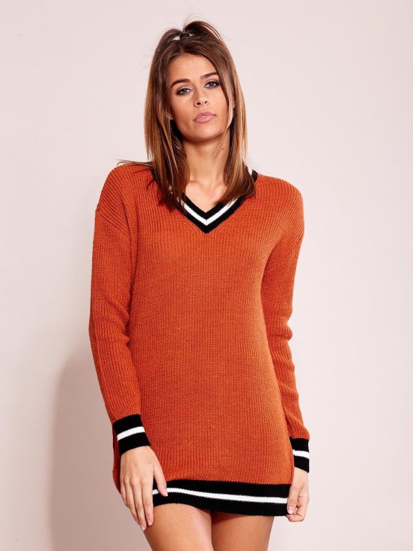 Wholesale Dark Orange Loose V-neck Sweater with Contrast Rib