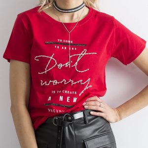 Wholesale Red t-shirt with inscriptions and rhinestones