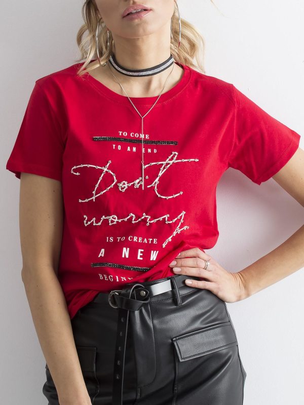 Wholesale Red t-shirt with inscriptions and rhinestones