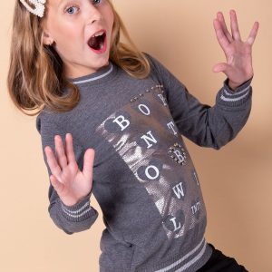 Wholesale Dark grey sweatshirt for girl with print and pearls