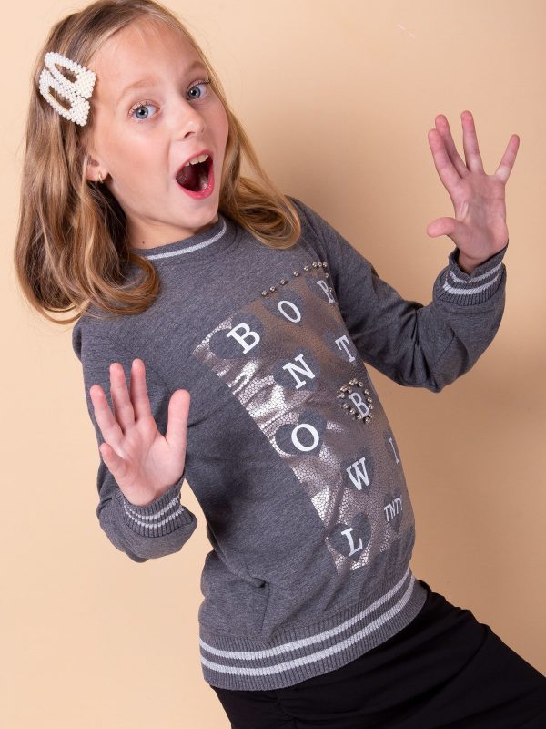 Wholesale Dark grey sweatshirt for girl with print and pearls