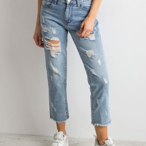 Wholesale Mom jeans pants with holes blue