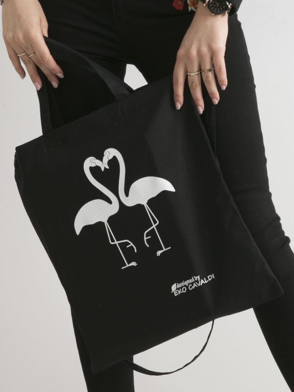 Wholesale Black eco bag with flamingos print