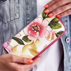 Wholesale Pink and Yellow Flower Print Zipper Wallet