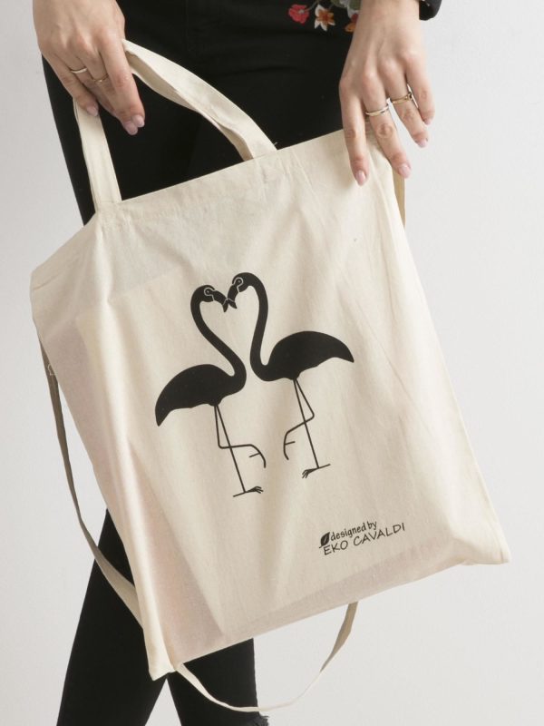 Wholesale Beige eco bag with flamingos print