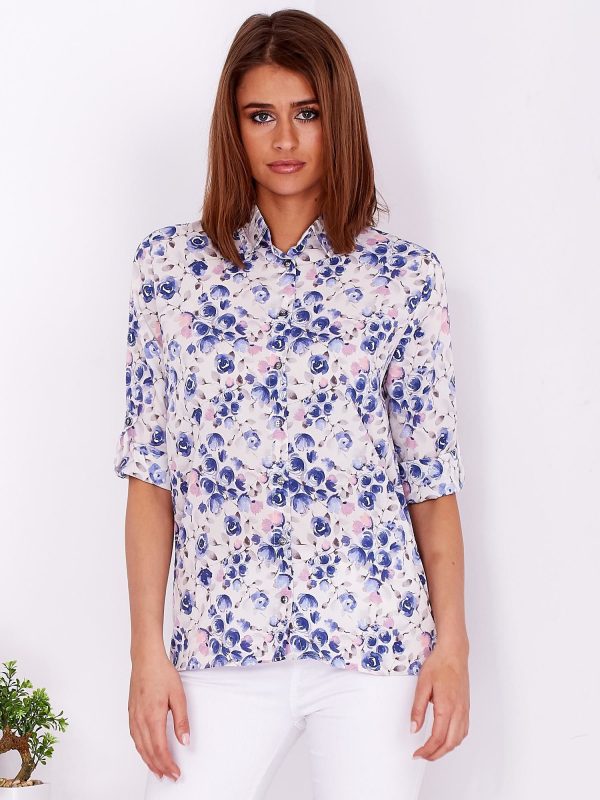 Wholesale Beige and blue floral shirt with roll-up sleeves