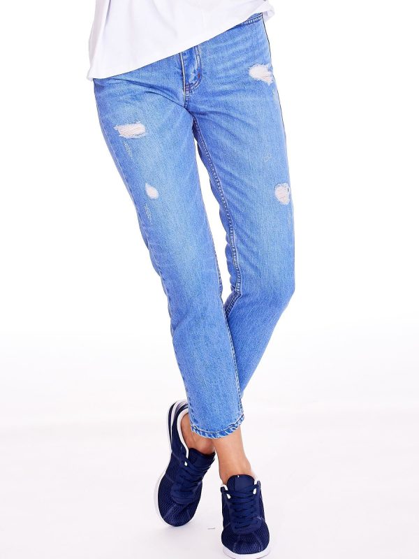 Wholesale Blue mom jeans pants with abrasions