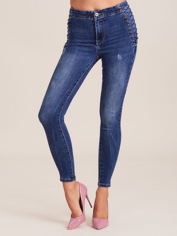 Wholesale Blue high waist jeans with lacing