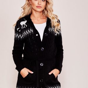 Wholesale Black Patterned Hooded Sweater