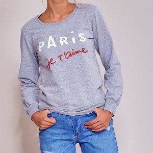 Wholesale Gray light sweatshirt for women with inscription PARIS JE T'AIME