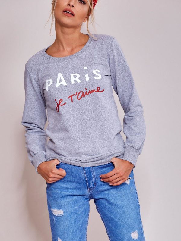 Wholesale Gray light sweatshirt for women with inscription PARIS JE T'AIME