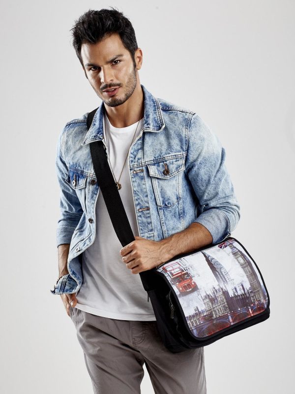 Wholesale Men's bag black fabric with London print