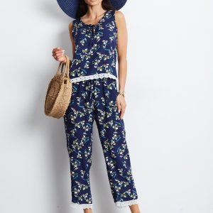 Wholesale Navy blue set with vegetable patterns top and trousers