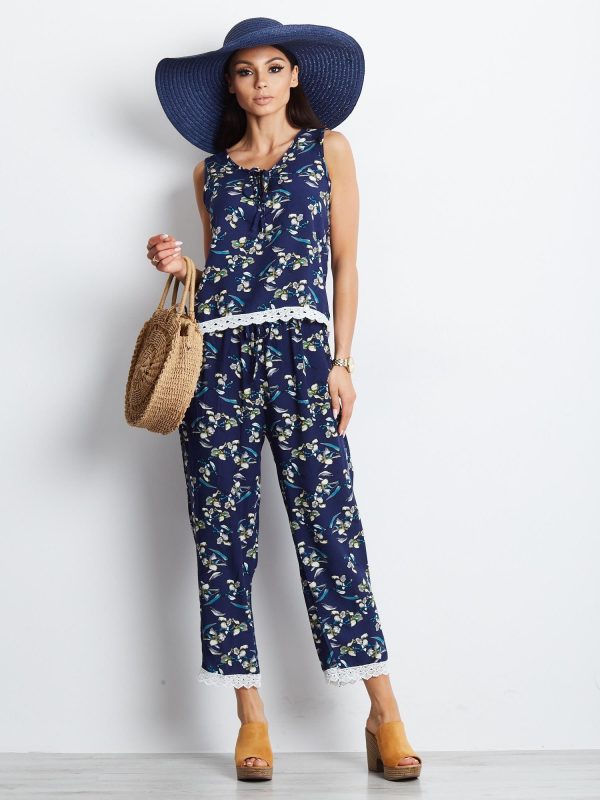 Wholesale Navy blue set with vegetable patterns top and trousers