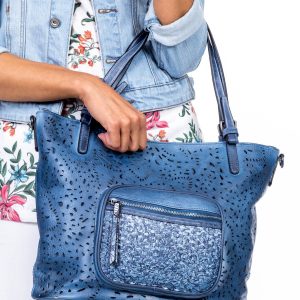 Wholesale Blue handbag with openwork and braid