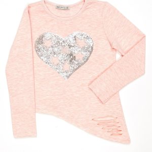 Wholesale Pink asymmetrical girl blouse with sequin heart