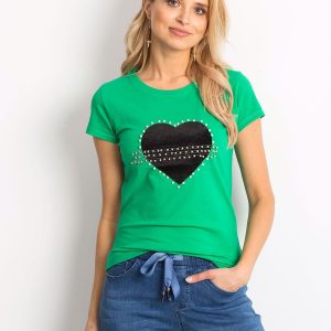 Wholesale Green t-shirt with velvet heart and pearls