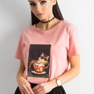 Wholesale Dirty pink women's t-shirt with print and applique