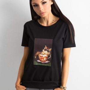 Wholesale Black Women's T-Shirt with Print and Applique