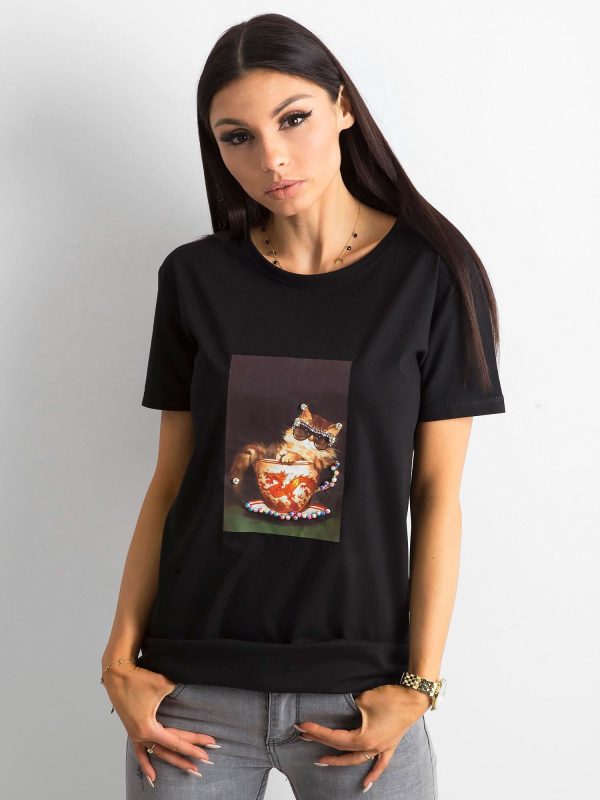 Wholesale Black Women's T-Shirt with Print and Applique