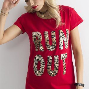 Wholesale Red long t-shirt with fur lettering and pearls