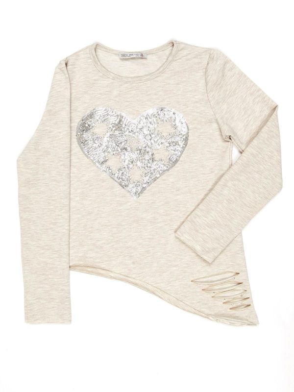 Wholesale Beige asymmetrical girl blouse with sequin heart