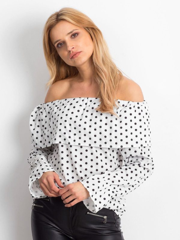 Wholesale White Polka Dot Blouse with Spanish Neckline