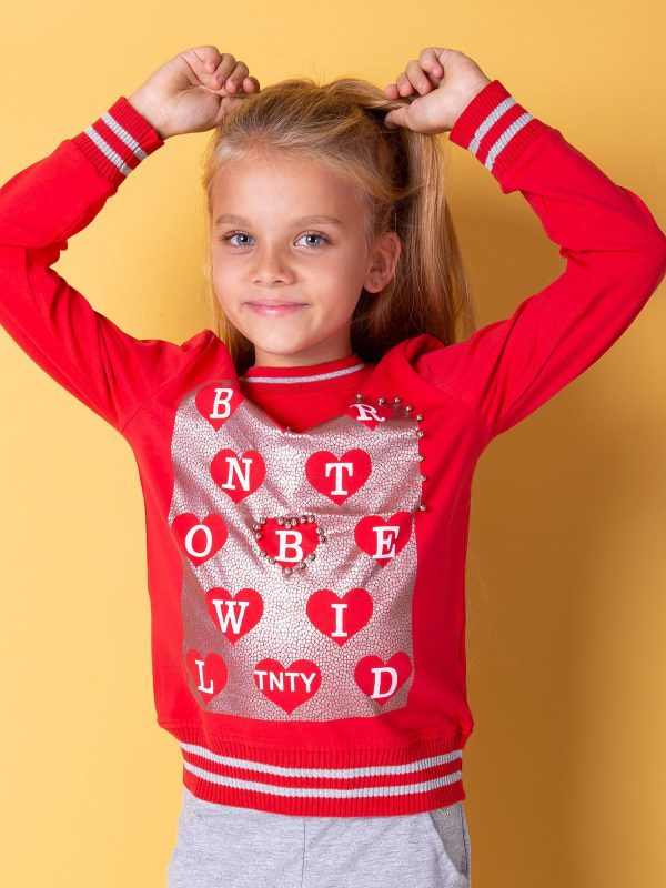 Wholesale Red sweatshirt for girl with print and pearls