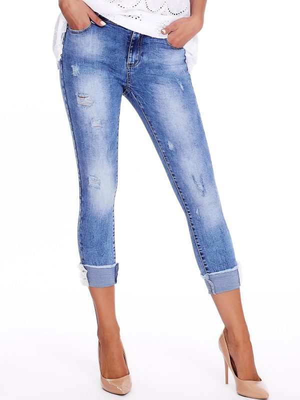 Wholesale Blue Roll Up High Waist Jeans