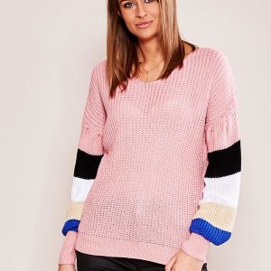 Wholesale Pink sweater with striped sleeves