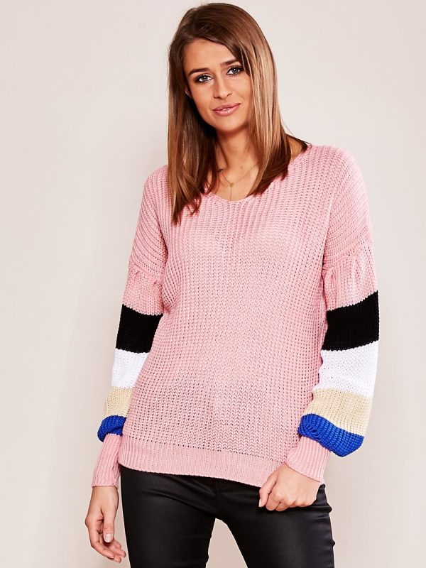 Wholesale Pink sweater with striped sleeves