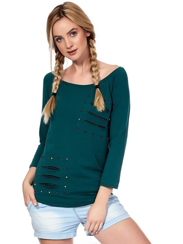 Wholesale Dark green blouse with colorful pearls and slits